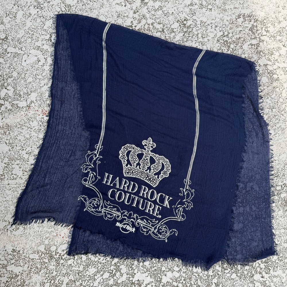 Hard Rock Couture Shawl Scarf Navy Silver Fringe Edges 78 x 35